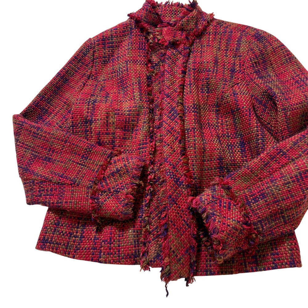 Coldwater Creek Tweed Jacket Women PM Pink Purple Vintage y2k 90s Fringe Trim